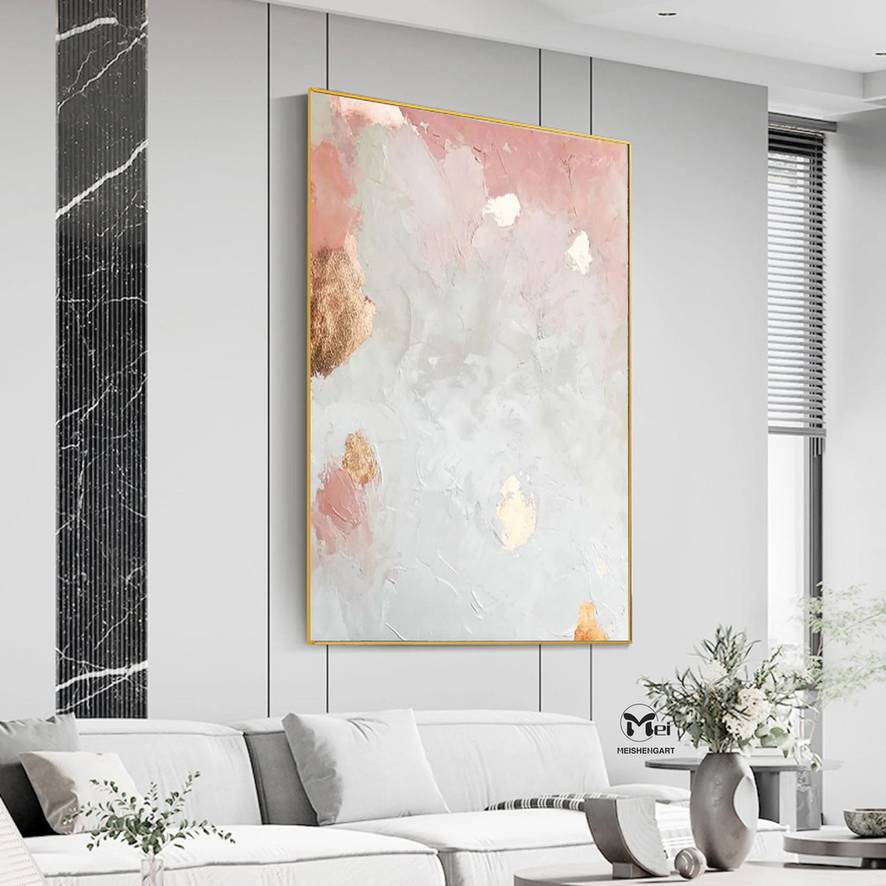 Pink Original Leaf Gold Painting Abstract Canvas Artwork 5YZ7Q